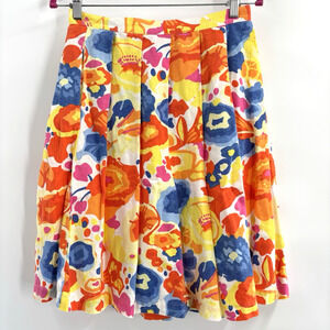 Liz Claiborne Skirt Sz 8P Linen Floral Knee Length Pockets Lined Pleated Bright